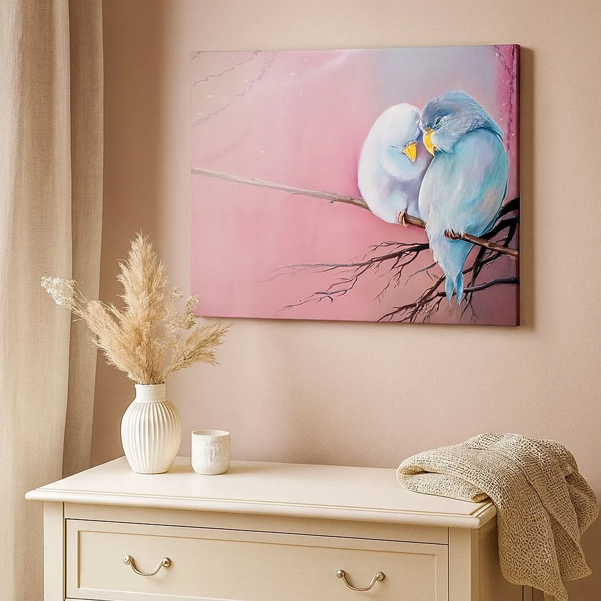 Schilderen op canvas - Twee verliefde vogels op een tak op een roze achtergrond - 70x50cm - Wat kan ik hier toevoegen? ... - Moderne wanddecoratie voor woonkamer en slaapkamer ARTTOR