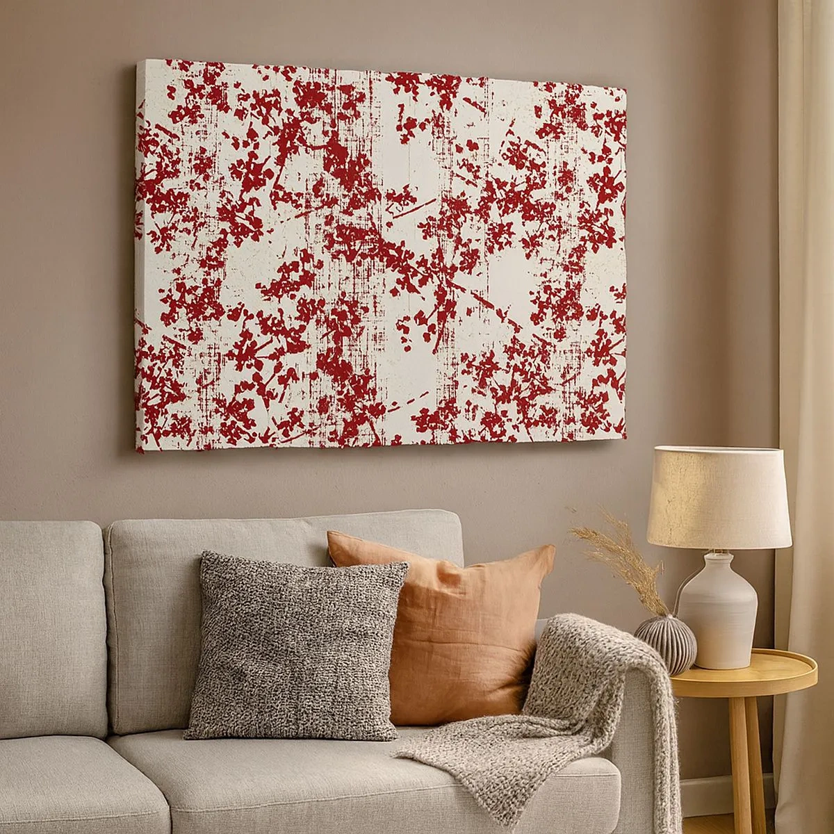 Schilderen op canvas - Rode bloemen op een witte achtergrond in een artistieke stijl - 70x50cm - Zoals oud calico - Moderne wanddecoratie voor woonkamer en slaapkamer ARTTOR