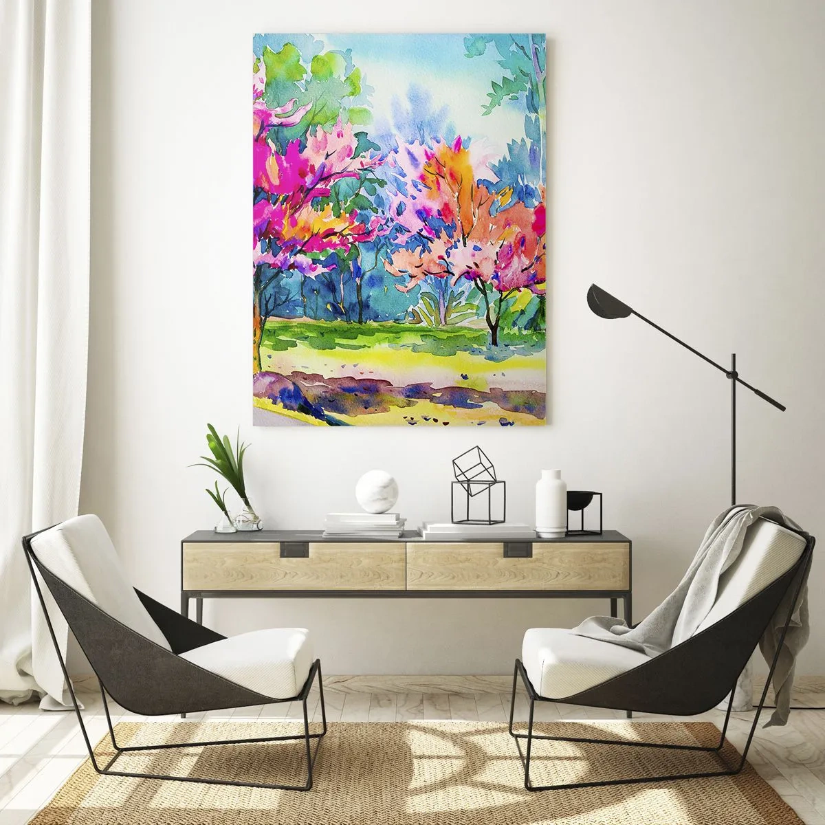 Schilderen op glas - Regenboogtuin in het lentelicht - 70x100 cm