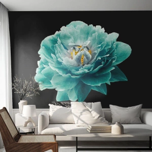 Fotobehang Premium Canvas - Blauwe en gouden bloemblaadjes - Bloem, Bloeiend, Pioen - 100x70 cm