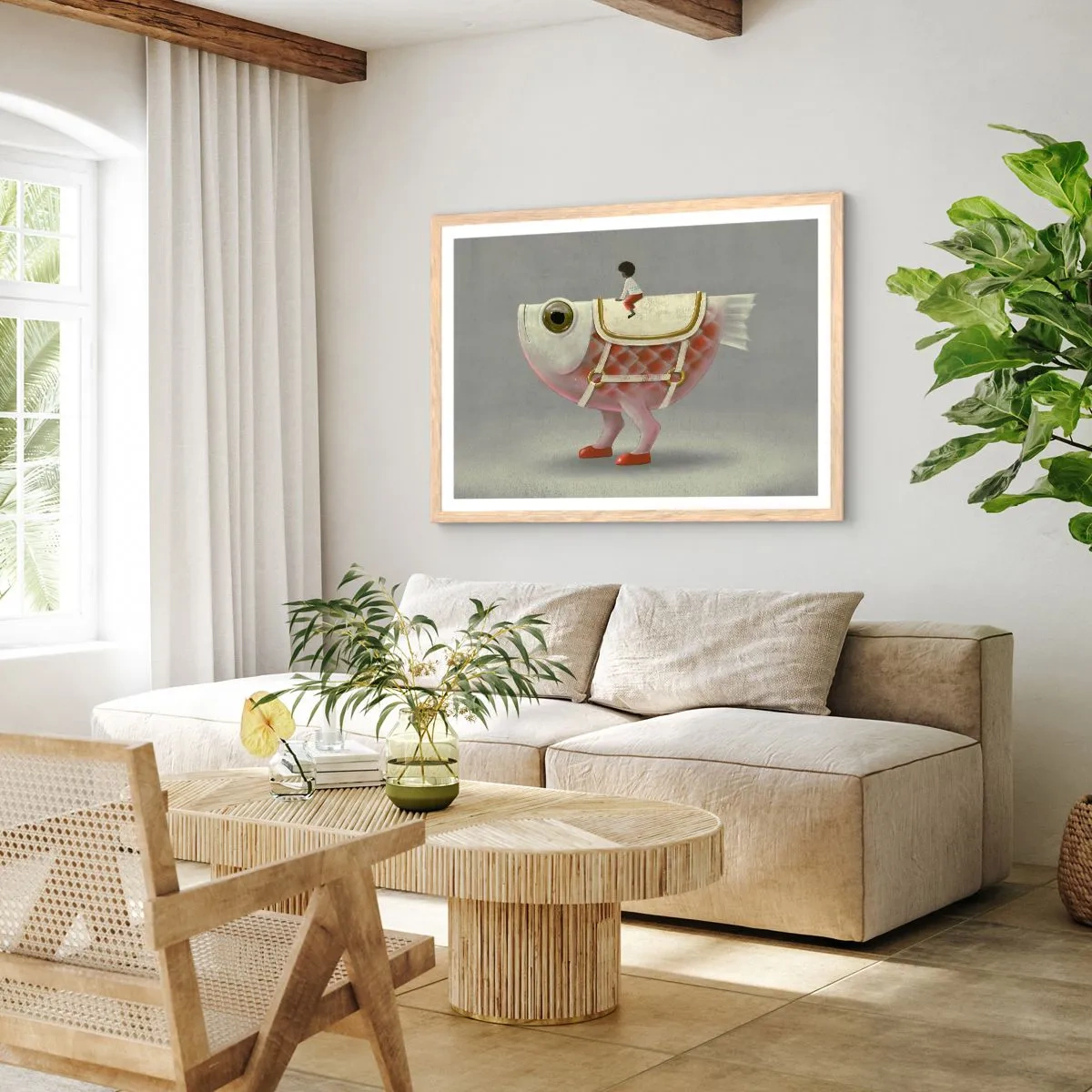 Een poster in een licht eiken lijst - Ruiter op een surrealistische vis - 40x30 cm