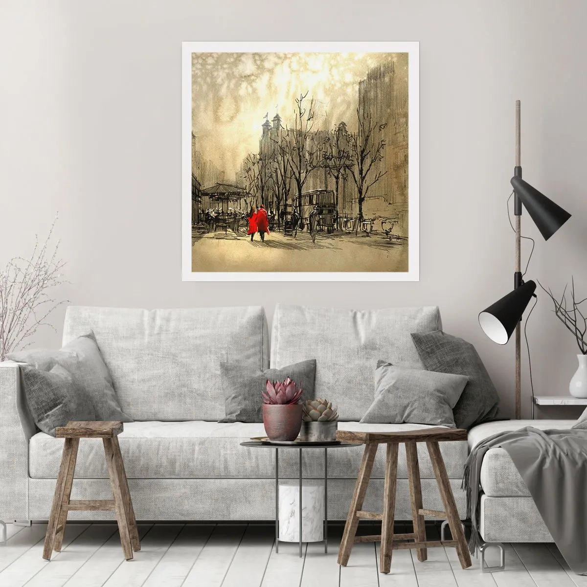 Poster - Een date in de Londense mist - 60x60 cm