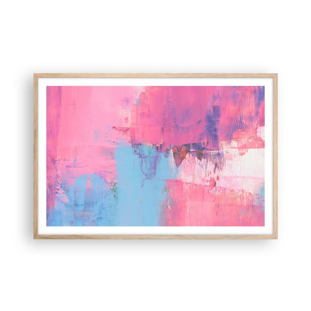 Een poster in een licht eiken lijst - Roze, blauw en een vleugje licht - 91x61 cm