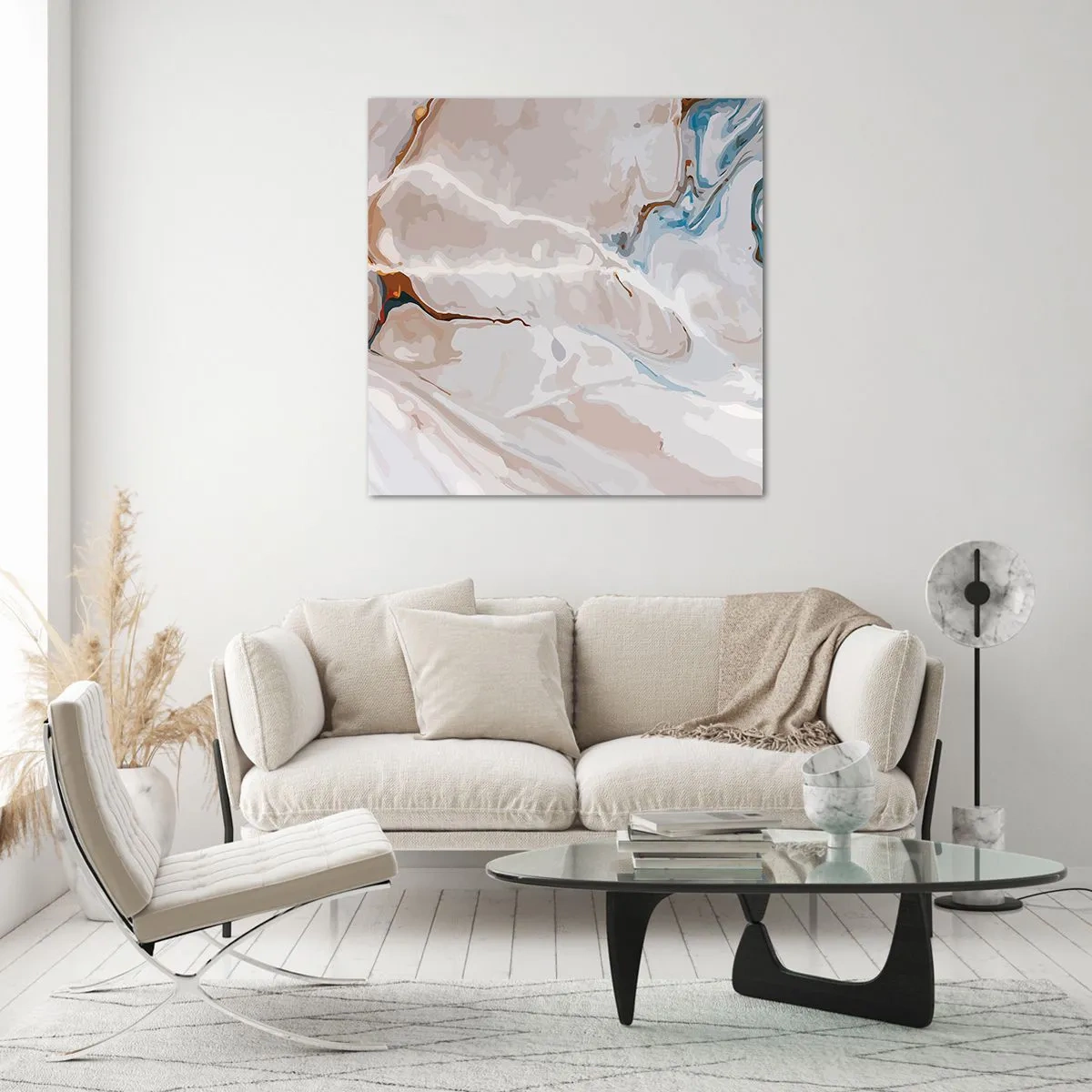 Schilderen op glas - Blauw kronkelt onder het wit - 50x50 cm