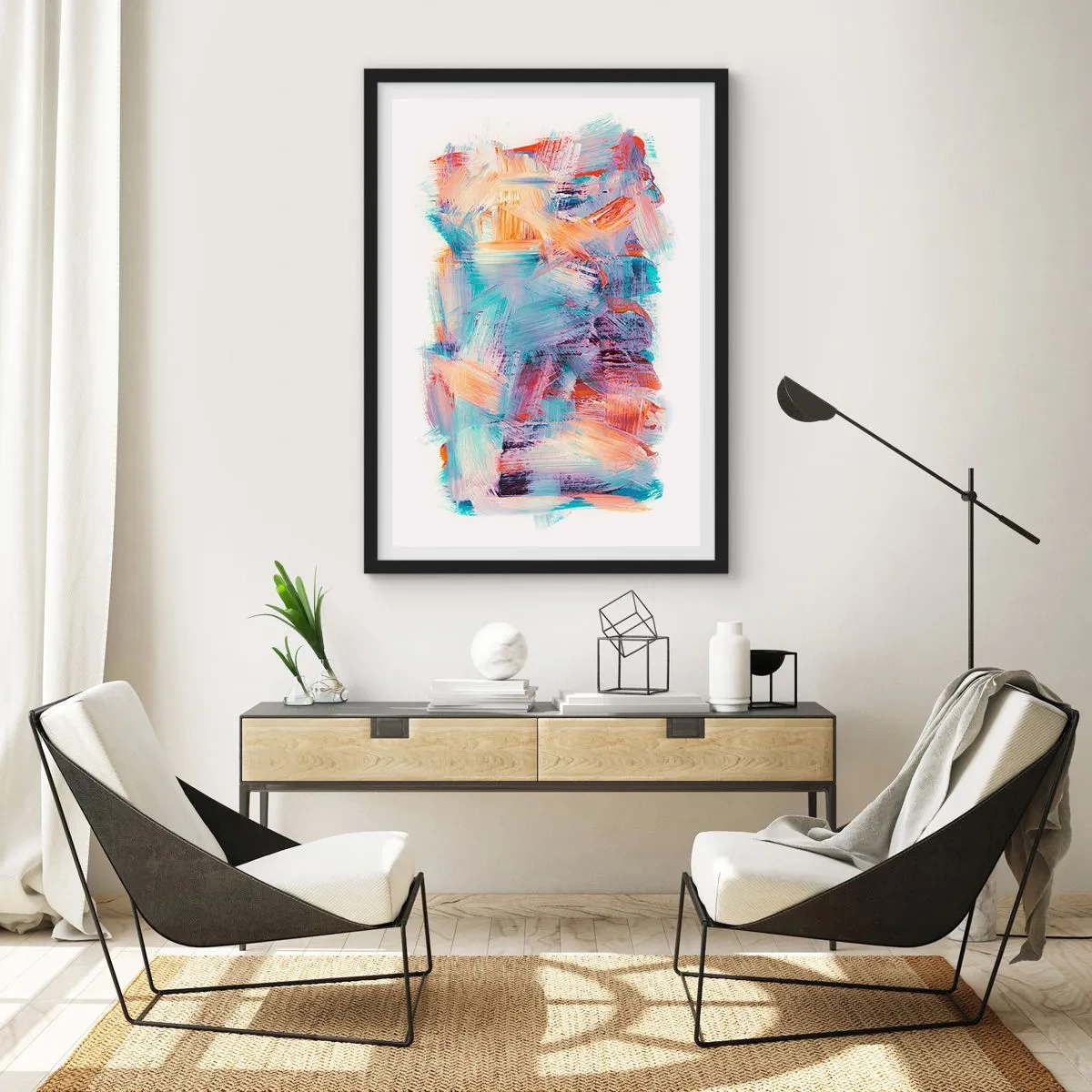 Poster in een zwarte lijst - Expressieve abstractie in tinten oranje en blauw - 50x70cm - Een kleurrijke puinhoop - Moderne wanddecoratie voor woonkamer en slaapkamer ARTTOR