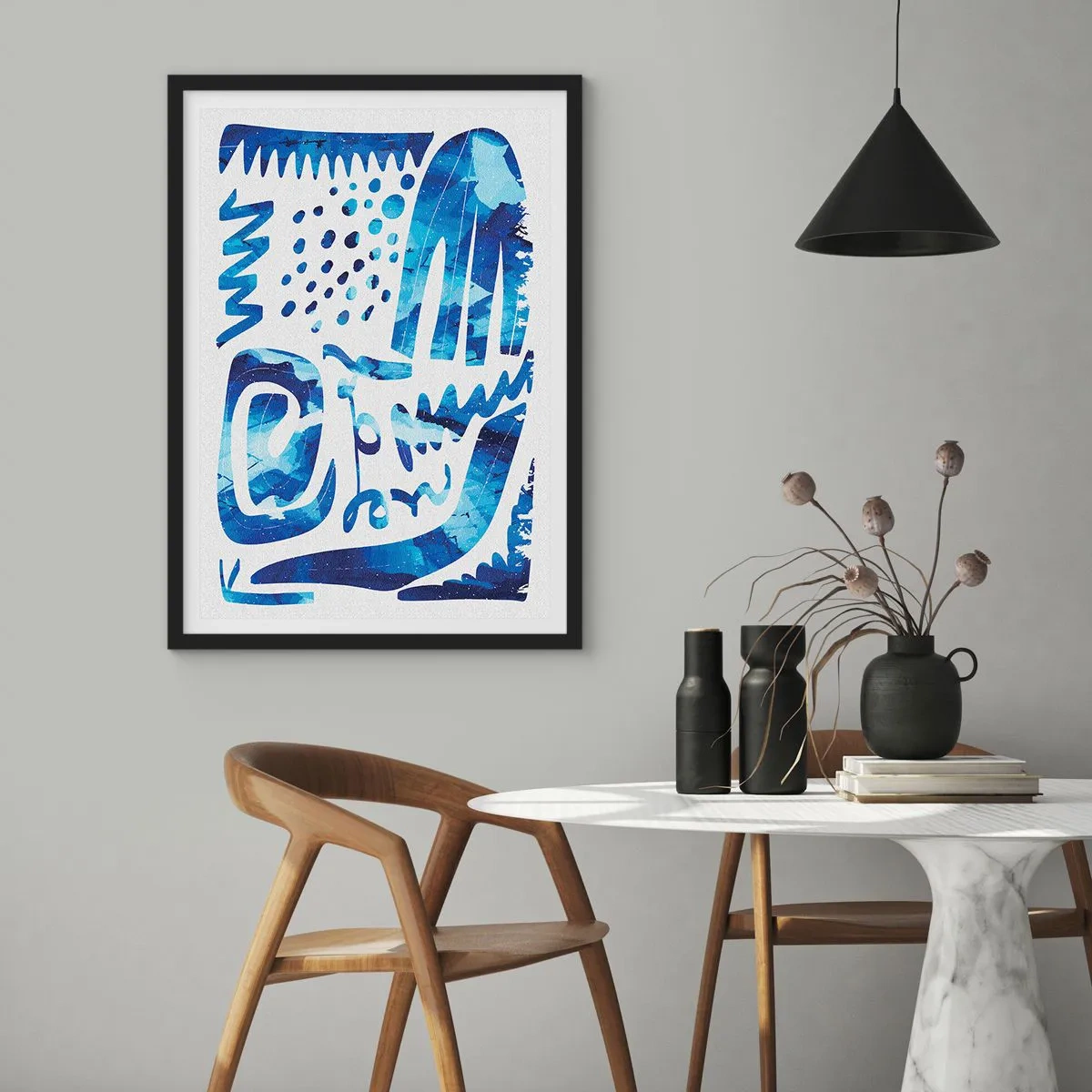 Poster in een zwarte lijst - Moderne abstractie in tinten blauw - 50x70cm - Terug naar de wortels - Moderne wanddecoratie voor woonkamer en slaapkamer ARTTOR