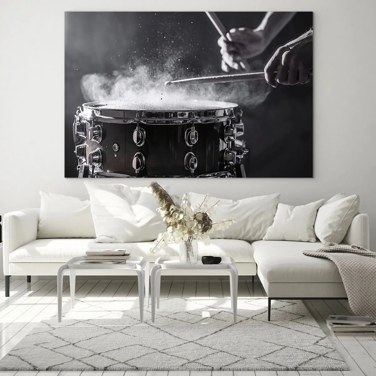 Schilderen op glas - Trommels in beweging met zwevend poeder - 70x50cm - De pols van de muziek - Moderne wanddecoratie voor woonkamer en slaapkamer ARTTOR