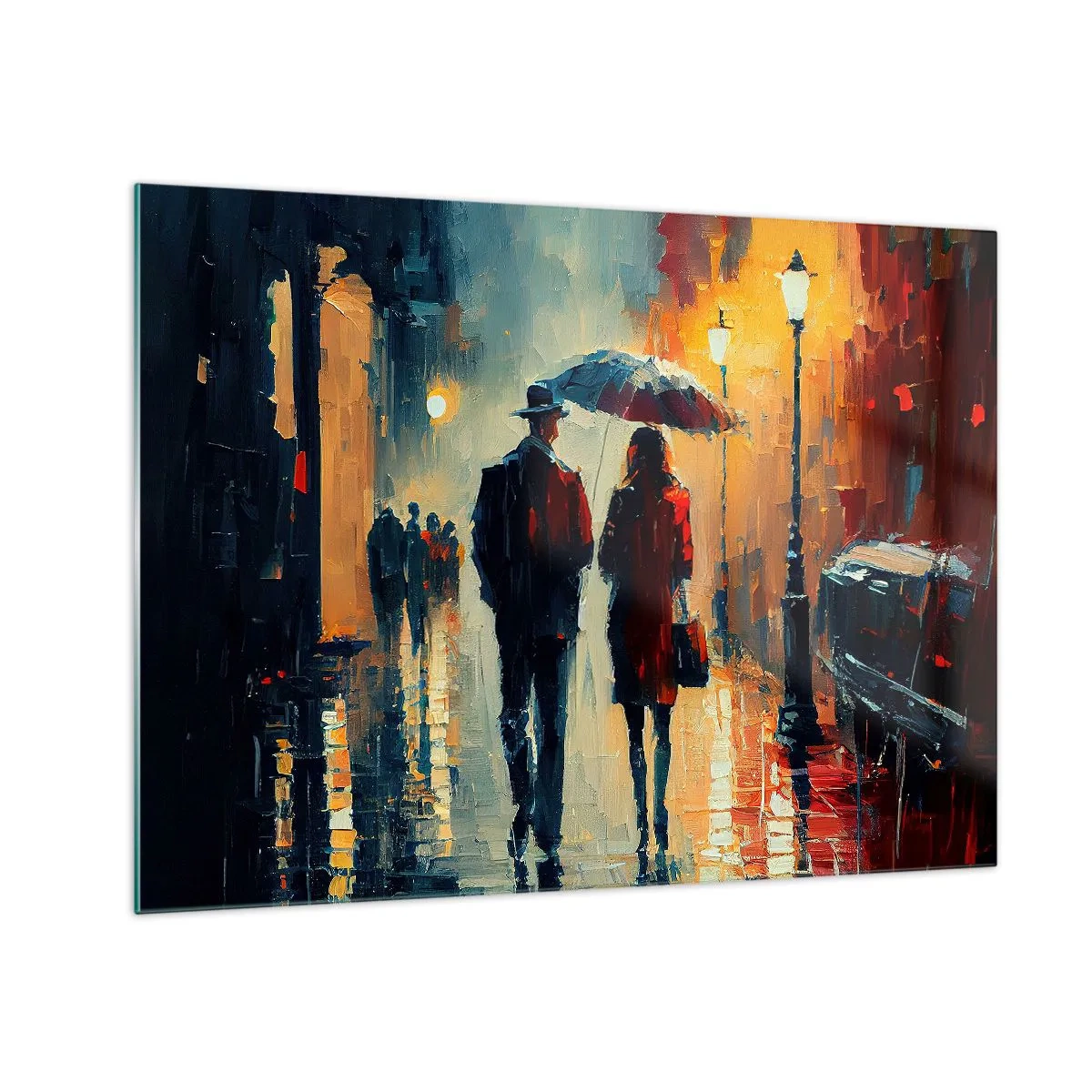 Schilderen op glas - Een stel met een paraplu loopt 's nachts door een natte straat. - 70x50cm - Stedelijk love strory - Moderne wanddecoratie voor woonkamer en slaapkamer ARTTOR