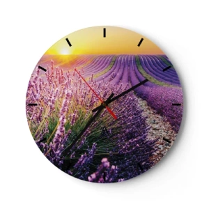 Wandklok - Klok - Lavendelveld bij zonsondergang met een rotsachtig pad - 30x30cm - Geurige korenvelden - Moderne wanddecoratie voor woonkamer, keuken en slaapkamer ARTTOR
