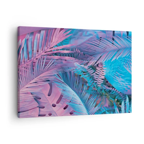 Schilderen op canvas - Tropische bladeren in tinten roze en blauw - 70x50cm - Tropen in roze en blauw - Moderne wanddecoratie voor woonkamer en slaapkamer ARTTOR