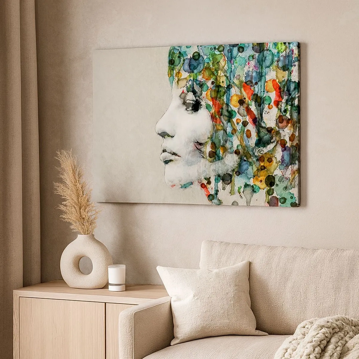 Schilderen op canvas - Profiel van een vrouw in aquarelkleuren met een abstracte achtergrond - 70x50cm - Ze kwam uit het grijs - Moderne wanddecoratie voor woonkamer en slaapkamer ARTTOR
