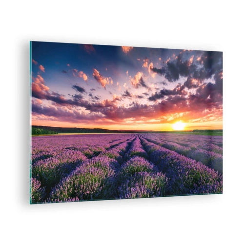Schilderen op glas - Een lavendelveld bij zonsondergang met een kleurrijke lucht en wolken - 70x50cm - Lavendel wereld - Moderne wanddecoratie voor woonkamer en slaapkamer ARTTOR