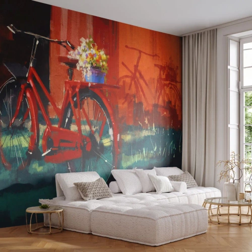 Fotobehang Premium Canvas - Ik wil met mijn fiets rijden - Vintage fiets, Bloemen in pot, Reis - 150x105 cm
