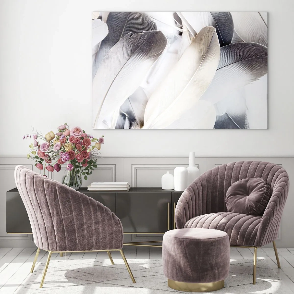 Schilderen op glas - Fijne, lichte veren in tinten wit en grijs - 70x50cm - Bijna engelachtig - Moderne wanddecoratie voor woonkamer en slaapkamer ARTTOR