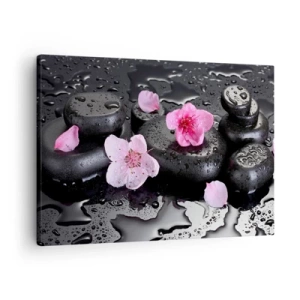 Schilderen op canvas - Zwarte stenen en roze bloemen in spa-stijl - 70x50cm - En de steen valt uit het hart - Moderne wanddecoratie voor woonkamer en slaapkamer ARTTOR