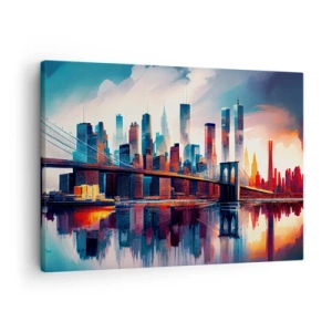 Schilderen op canvas - Panorama van New York City met brug en weerspiegeling in het water - 70x50cm - Een droomachtig New York - Moderne wanddecoratie voor woonkamer en slaapkamer ARTTOR