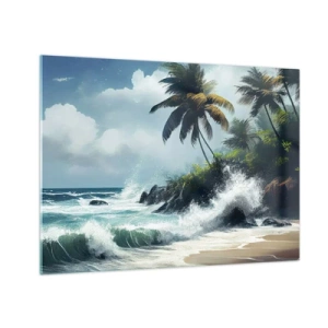 Schilderen op glas - Golven die tegen de rotsen bij de palmbomen op een tropisch strand beuken - 70x50cm - Op een tropische kust - Moderne wanddecoratie voor woonkamer en slaapkamer ARTTOR