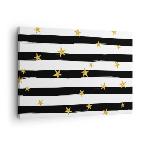 Schilderen op canvas - Zwart-witte strepen met gouden sterren - 70x50cm - We zijn allemaal geboren onder een gelukkige ster - Moderne wanddecoratie voor woonkamer en slaapkamer ARTTOR