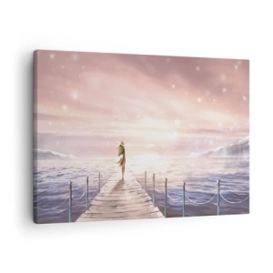 Schilderen op canvas - Een vrouw op een steiger in een magische zonsondergang - 70x50cm - In het licht van een droom - Moderne wanddecoratie voor woonkamer en slaapkamer ARTTOR
