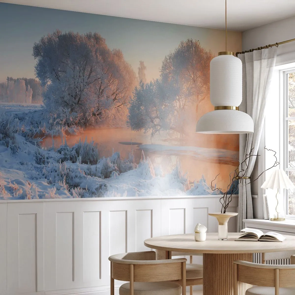 Fotobehang Premium Canvas - Alles in het kristal schijnt in de zon - Landschap, Winter, Rivier - 350x256 cm