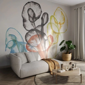 Fotobehang Standard Eco - Kleurrijke, transparante bladeren op een witte achtergrond - 100x70cm - Bloemen met een ziel - Moderne wanddecoratie voor woonkamer en slaapkamer ARTTOR