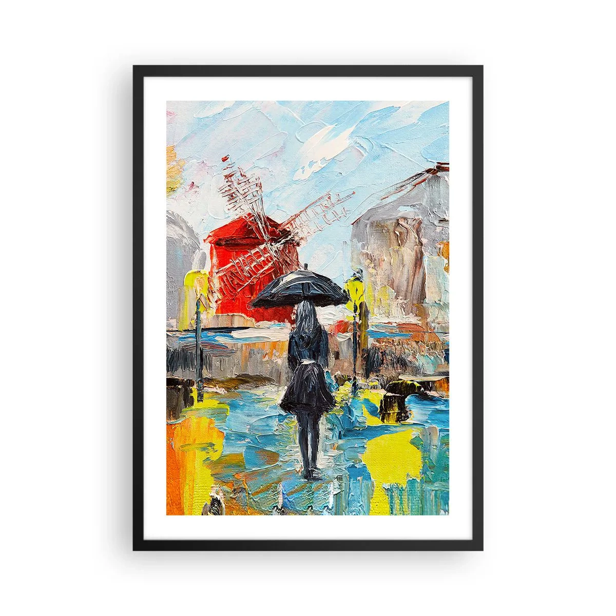 Poster in een zwarte lijst - Een vrouw met een paraplu tegen de achtergrond van een stad in de regen - 50x70cm - Parijse legendes - Moderne wanddecoratie voor woonkamer en slaapkamer ARTTOR