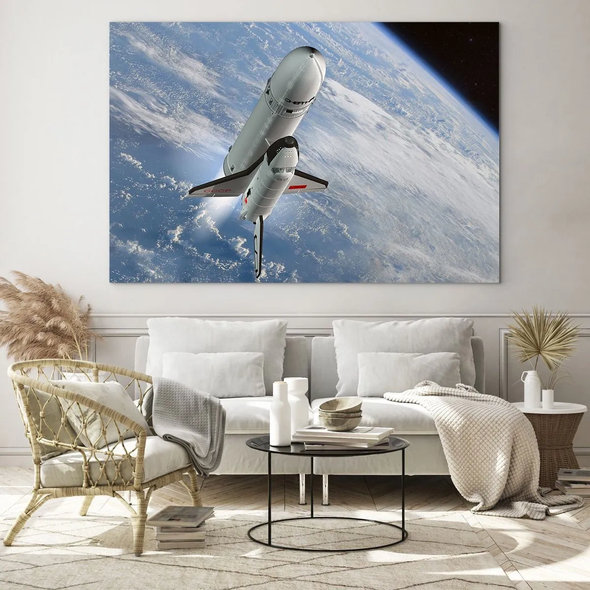 Schilderen op glas - Een spaceshuttle stijgt op in de ruimte met de aarde op de achtergrond. - 70x50cm - Kosmische Hemelvaart - Moderne wanddecoratie voor woonkamer en slaapkamer ARTTOR
