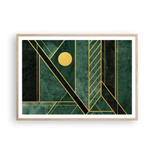 Een poster in een licht eiken lijst - Dynamiek van goud en azuur - 100x70 cm