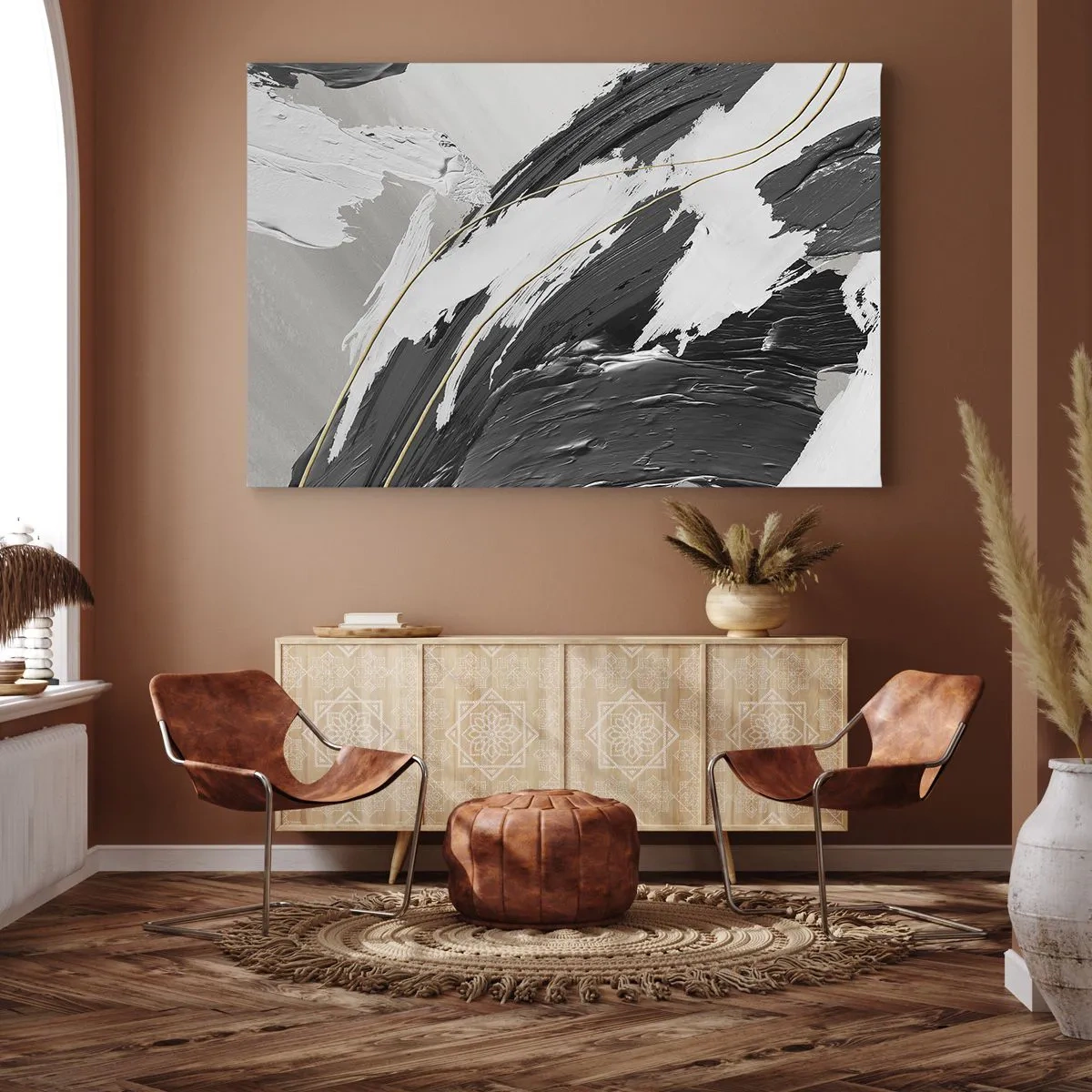 Schilderen op canvas - Zwart-witte verfstreken met een subtiel goudaccent - 70x50cm - Abstractie op grote schaal - Moderne wanddecoratie voor woonkamer en slaapkamer ARTTOR