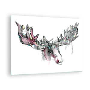 Schilderen op glas - Kleurrijke aquarel van een eland met grote geweien - 70x50cm - Kroon van de boskoning - Moderne wanddecoratie voor woonkamer en slaapkamer ARTTOR