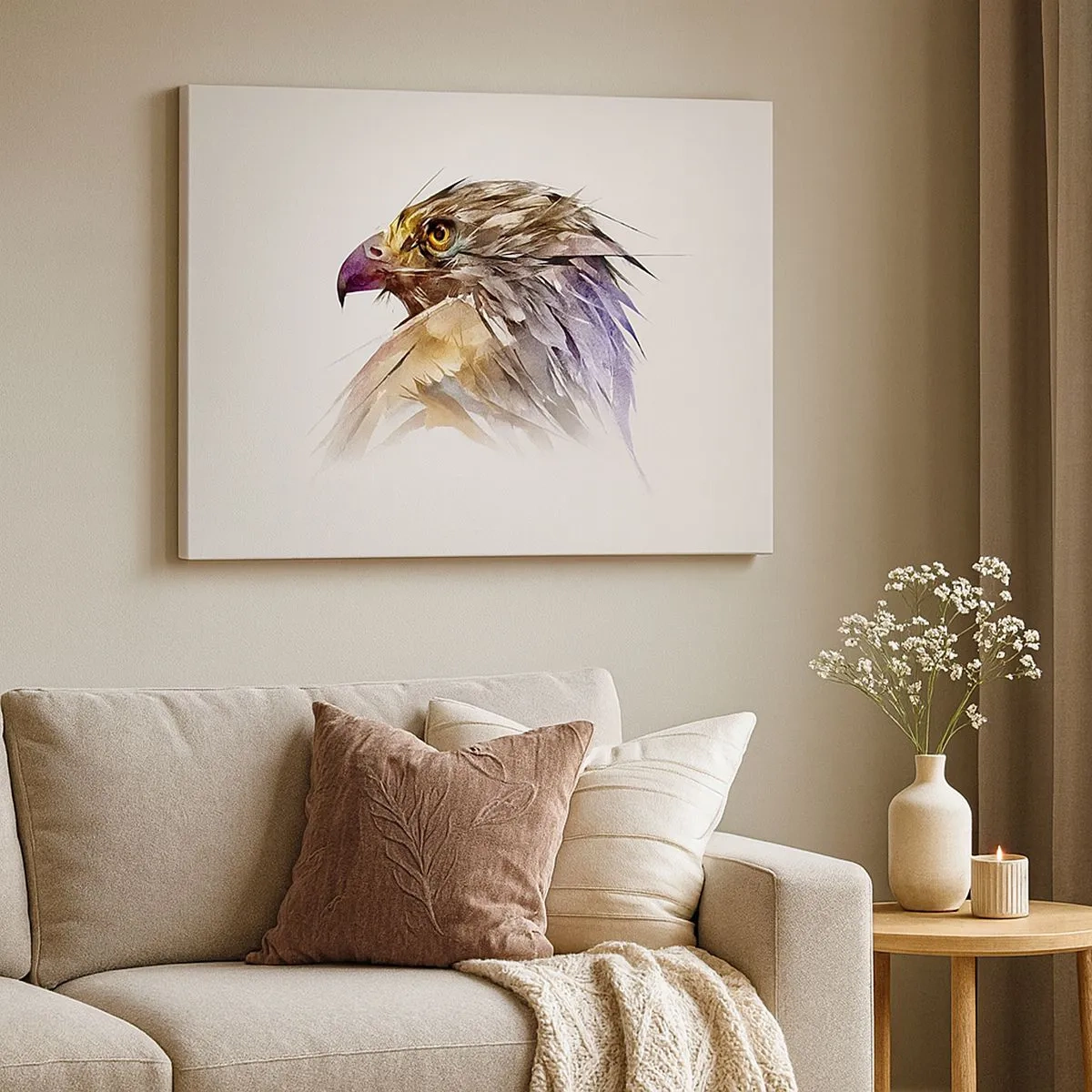 Schilderen op canvas - Artistiek portret van een adelaar in pasteltinten - 70x50cm - Portret van een krijger - Moderne wanddecoratie voor woonkamer en slaapkamer ARTTOR