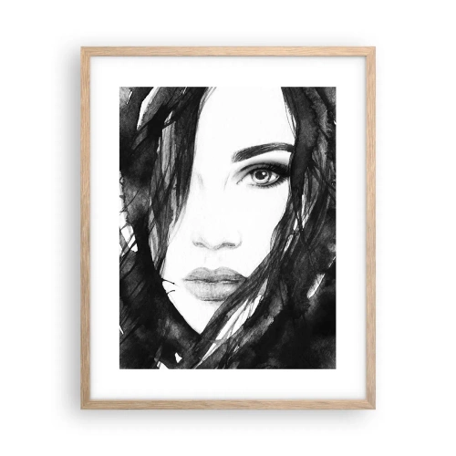 Een poster in een licht eiken lijst - Portret van een dame in zwart en wit - 40x50 cm