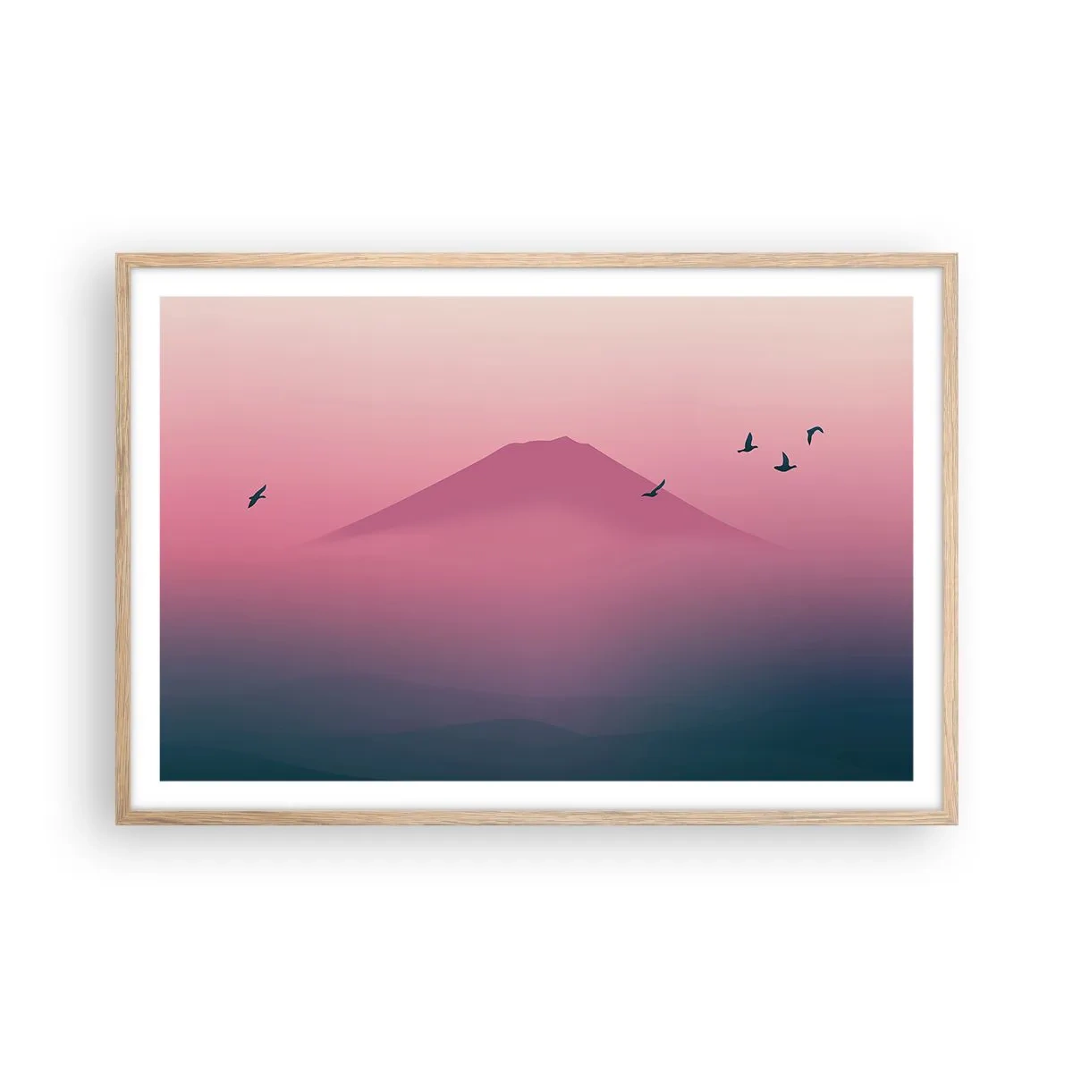 Een poster in een licht eiken lijst - Wandelaars boven de wolken - 91x61 cm