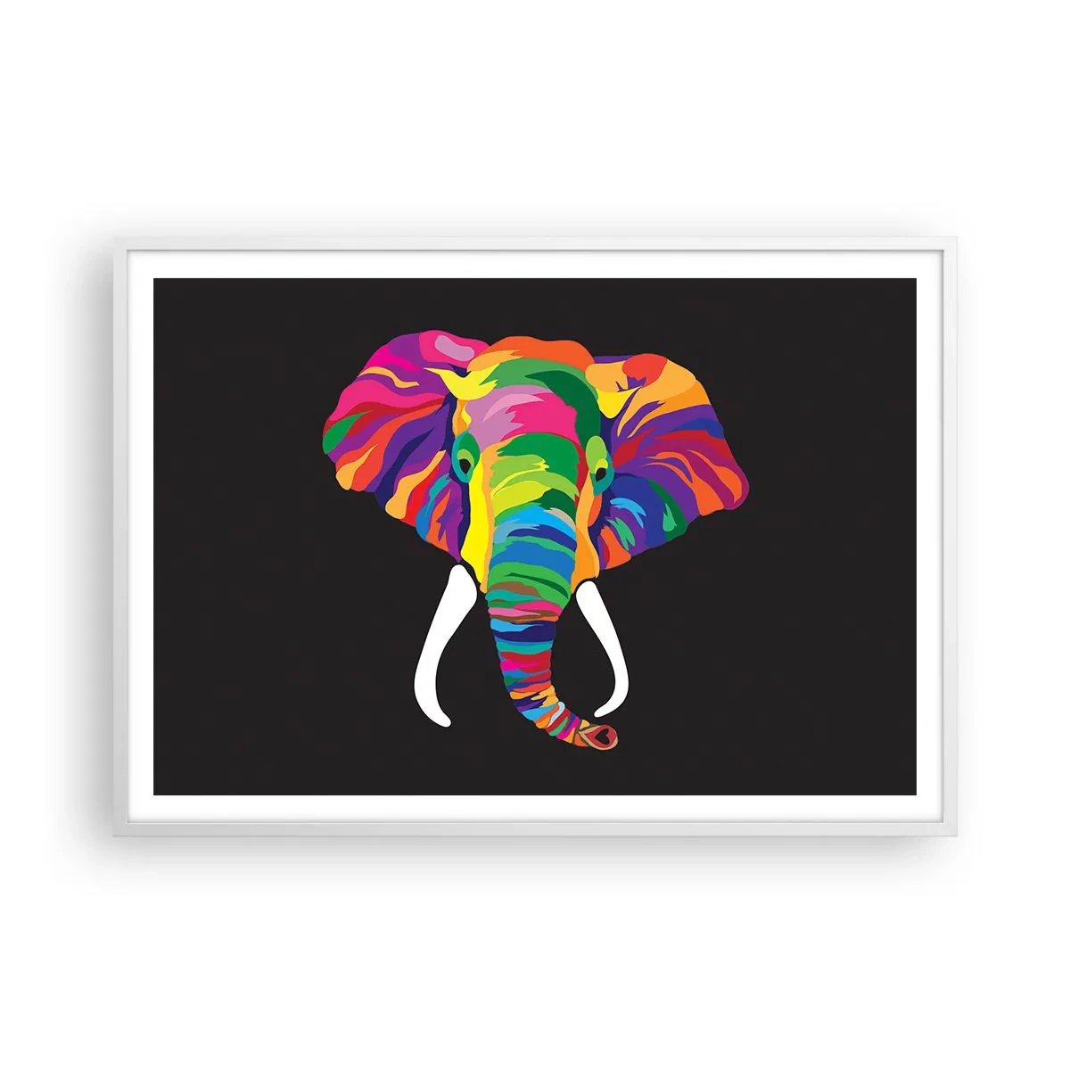 Poster in een witte lijst - De olifant die ervan hield om in de regenboog te baden - 100x70 cm