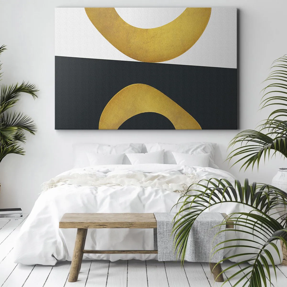 Schilderen op canvas - Geometrische vormen in goud op een witte en donkere achtergrond - 70x50cm - Ten eerste: goud - Moderne wanddecoratie voor woonkamer en slaapkamer ARTTOR
