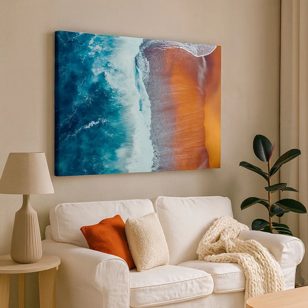 Schilderen op canvas - Een blik op de oceaan golven die op het gouden strand beuken - 70x50cm - Aanraking van de oceaan - Moderne wanddecoratie voor woonkamer en slaapkamer ARTTOR