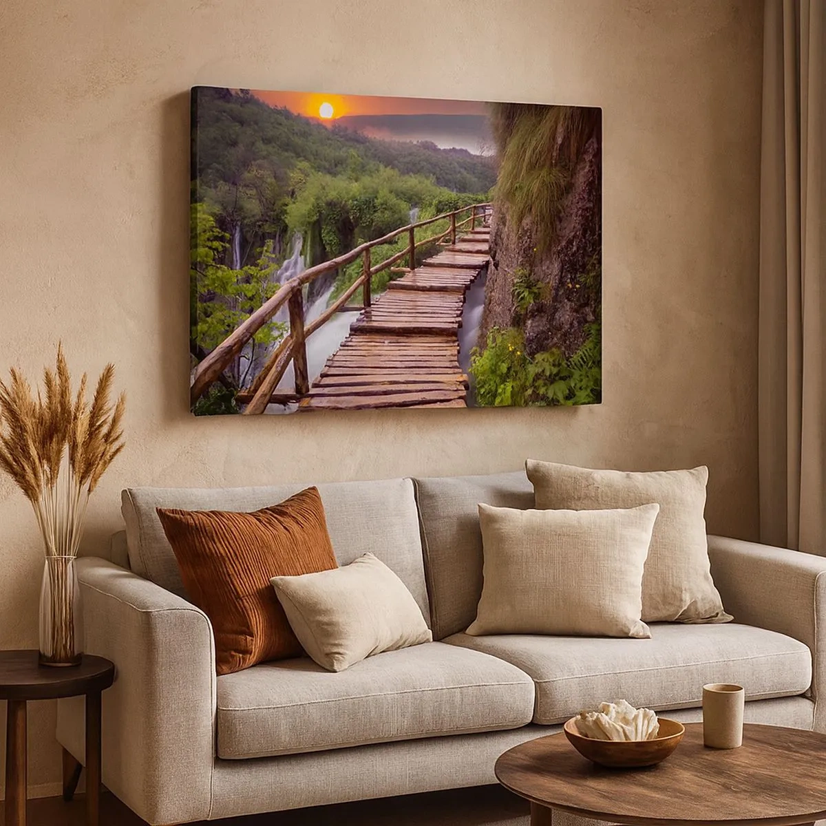 Schilderen op canvas - Een brug met uitzicht op de watervallen bij zonsondergang - 70x50cm - Ongelooflijke schoonheid - Moderne wanddecoratie voor woonkamer en slaapkamer ARTTOR