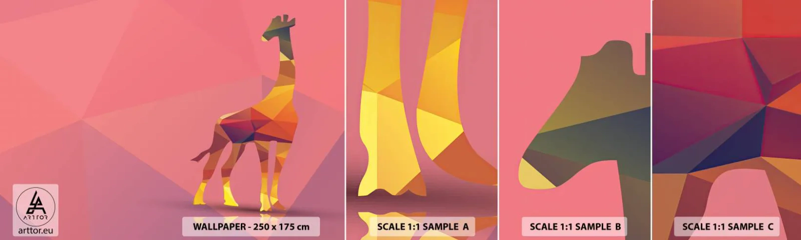 Fotobehang Monster Zelfklevend Deluxe Sticker - In de kleuren van de savanne - Dieren, Giraffe, Geometrische figuur - 100x30 cm