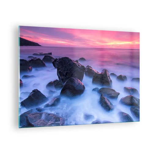 Schilderen op glas - Golven die bij zonsondergang op de rotsen beuken - 70x50cm - Geboorte in licht en mist - Moderne wanddecoratie voor woonkamer en slaapkamer ARTTOR