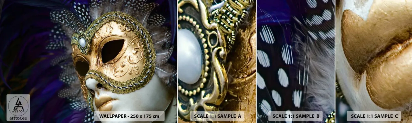 Fotobehang Staaltje Standard Eco - Venetiaans portret in goud - Kap, Deel, Venetië - 100x30 cm