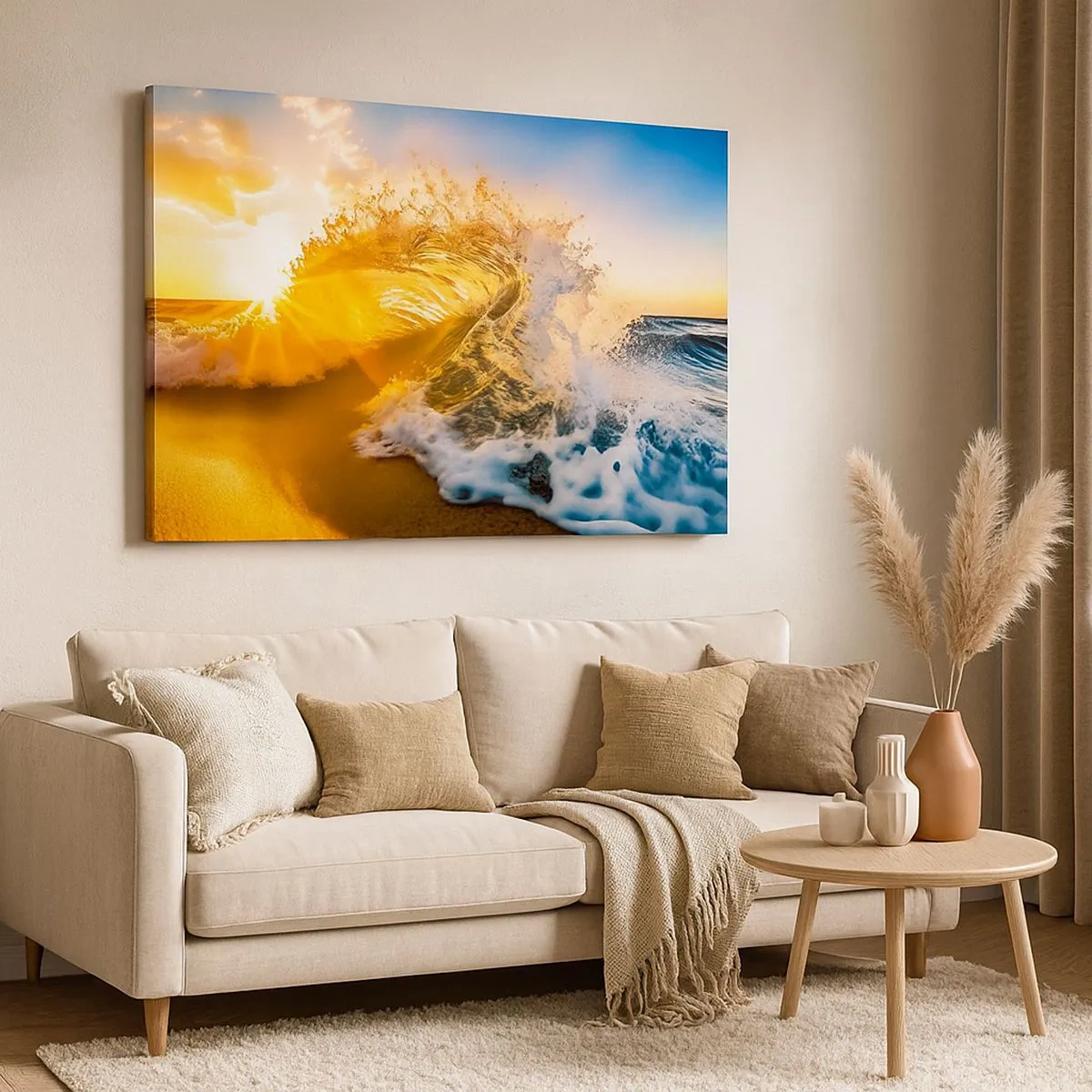 Schilderen op canvas - Een gouden golf tegen de achtergrond van de ondergaande zon - 70x50cm - Plezier in het zand - Moderne wanddecoratie voor woonkamer en slaapkamer ARTTOR