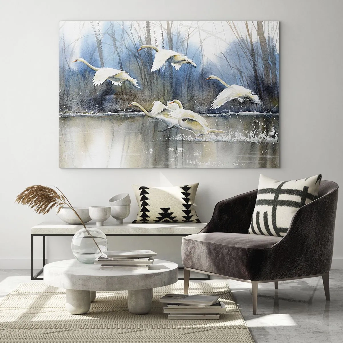 Schilderen op glas - Wilde zwanen vliegen over een vredig bosmeer - 70x50cm - Zoals in het sprookje over wilde zwanen - Moderne wanddecoratie voor woonkamer en slaapkamer ARTTOR
