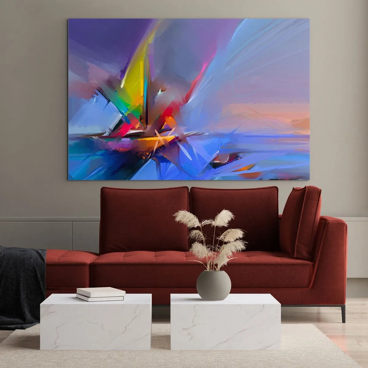 Schilderen op glas - Abstracte propellers in levendige kleuren tegen een pastelkleurige lucht - 70x50cm - Propellers als een vogel - Moderne wanddecoratie voor woonkamer en slaapkamer ARTTOR