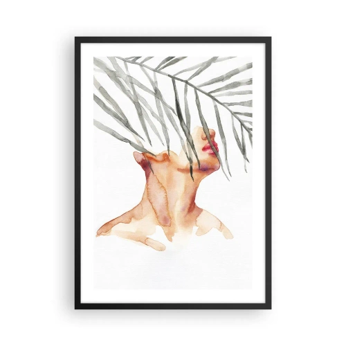 Poster in een zwarte lijst - Aquarelvrouw met palmbladeren die haar gezicht bedekken - 50x70cm - Voel de polsslag van de tropen - Moderne wanddecoratie voor woonkamer en slaapkamer ARTTOR