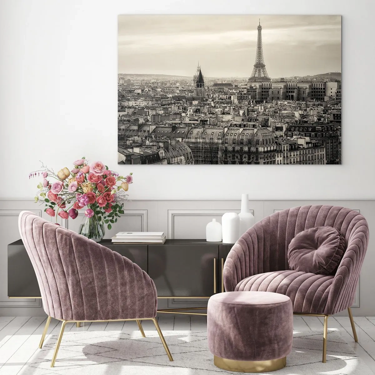 Schilderen op glas - Een panorama van Parijs met uitzicht op de Eiffeltoren in sepiatinten - 70x50cm - Over de daken van Parijs - Moderne wanddecoratie voor woonkamer en slaapkamer ARTTOR