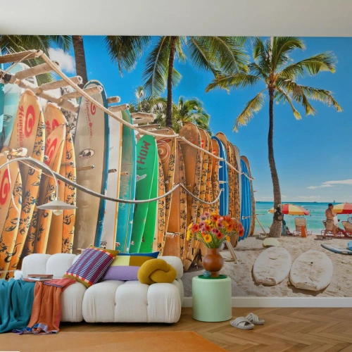 Fotobehang Standard Eco - Zonnig plezier - Landschap, Surfplank, Strand - 400x280 cm