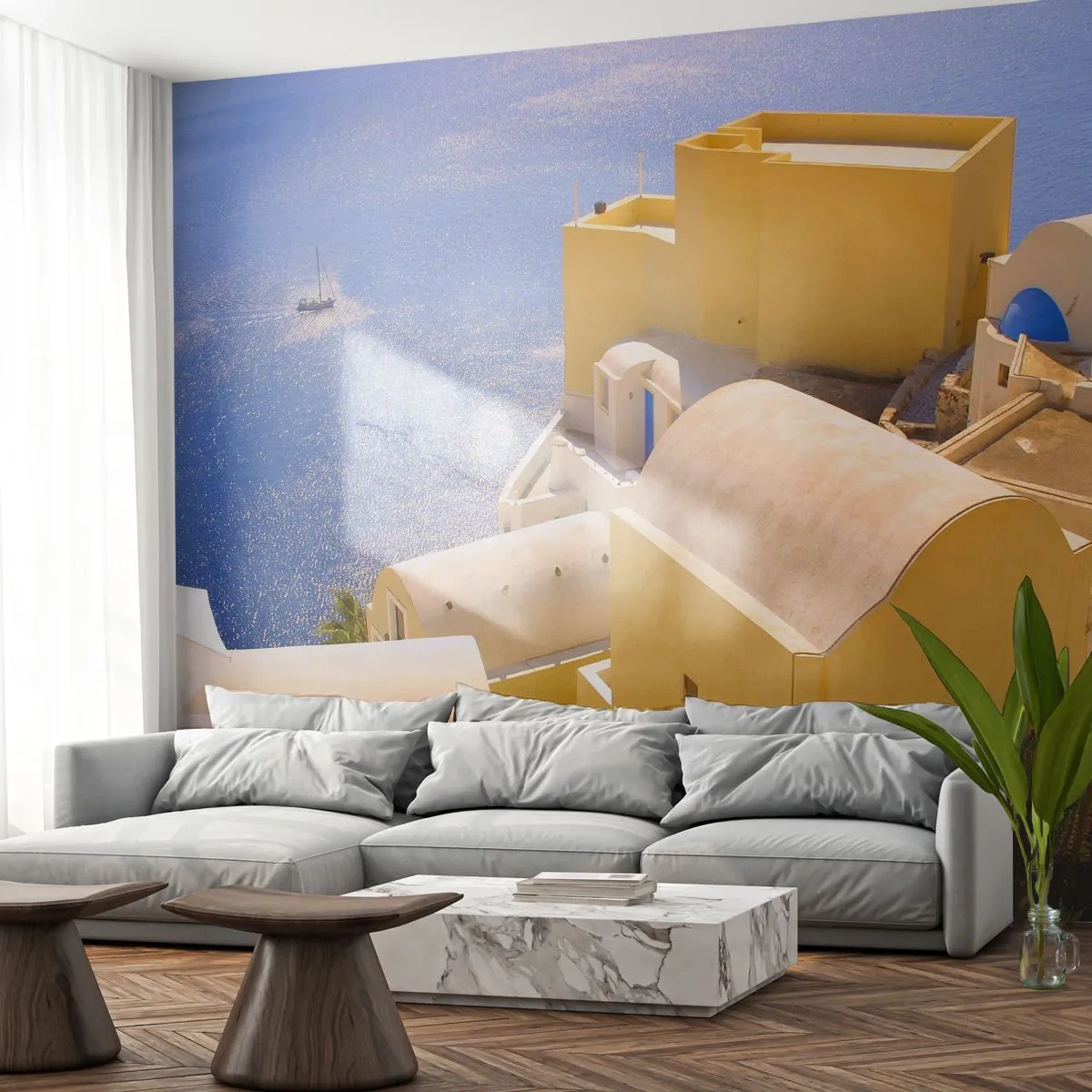 Fotobehang Standard Eco - Griekse gebouwen tegen de blauwe zee - 100x70cm - Grieks landschap in wit en blauw - Moderne wanddecoratie voor woonkamer en slaapkamer ARTTOR