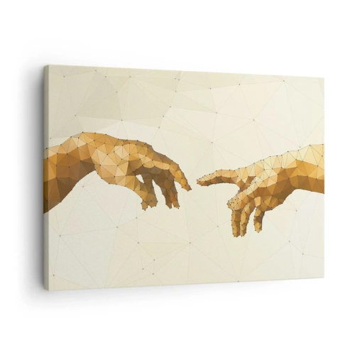 Schilderen op canvas - Geometrische handen die naar elkaar uitreiken tegen een lichte achtergrond - 70x50cm - Goddelijke geometrie - Moderne wanddecoratie voor woonkamer en slaapkamer ARTTOR