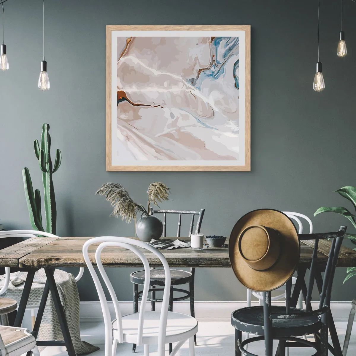 Een poster in een licht eiken lijst - Blauw kronkelt onder het wit - 60x60 cm