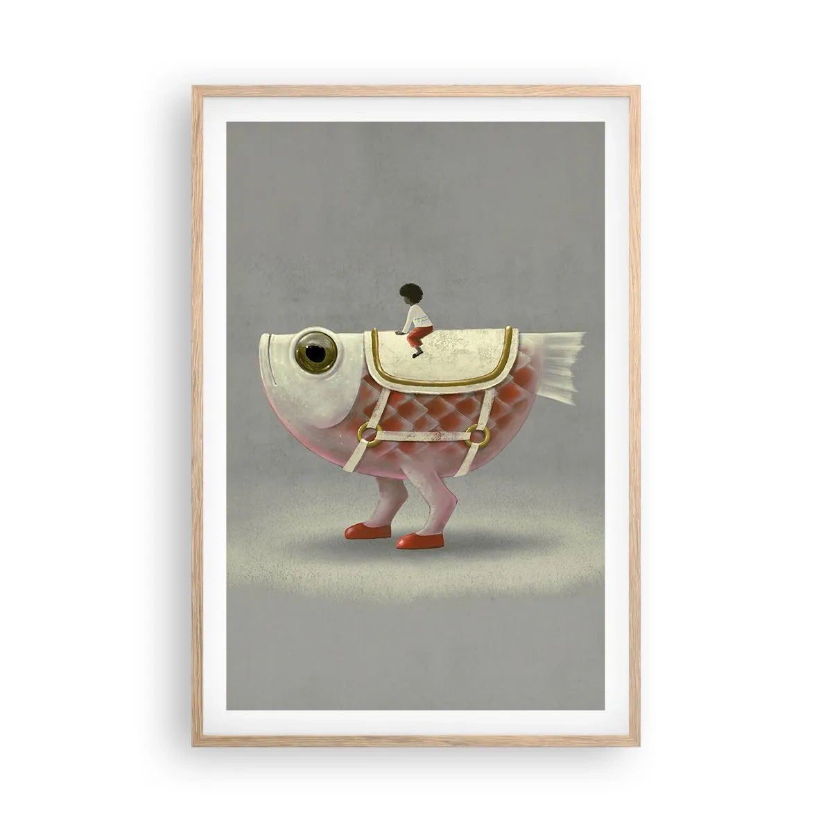 Een poster in een licht eiken lijst - Ruiter op een surrealistische vis - 61x91 cm